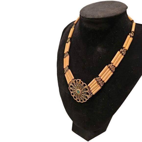 Vintage Turquoise Center Boho Flower Bamboo Choker Necklace - Picture 3 of 12